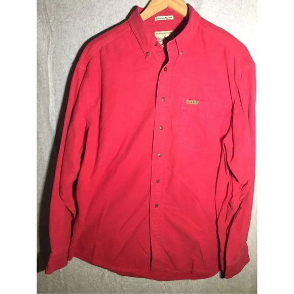 Mens Woolrich Button Down Shirt Red Cotton Casual Worn In Thick Winter Throwover - Picture 1 of 5